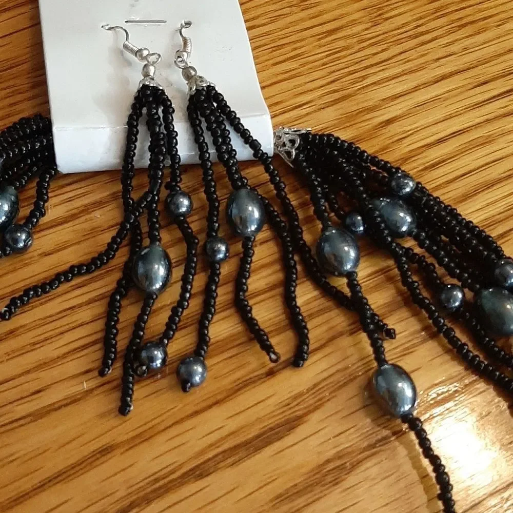 NWT Fantasia Black Beaded Necklace and Earring Set